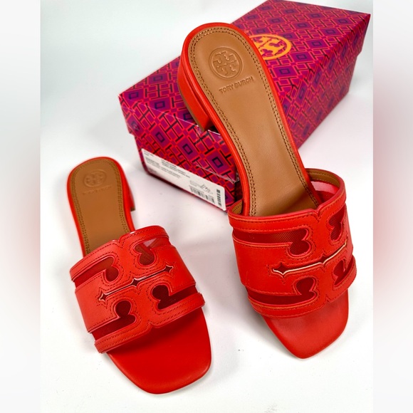 Tory Burch Shoes - NIB Tory Burch Stitched Logo 30 mm Slide Sandals Calf Leather/Mesh Patent